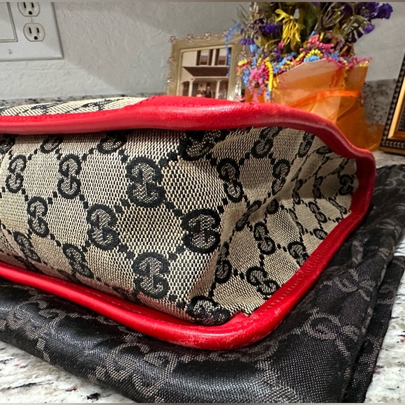 GUCCI MONOGRAM CANVAS MINI BAG W Red LEATHER DUAL HANDLES - Picture 9 of 15